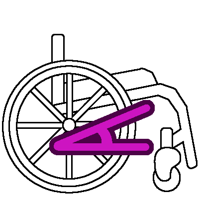 A black and white drawing of a rigid wheelchair in profile, with a pink angle symbol beneath it indicating the downward slope of the seat.